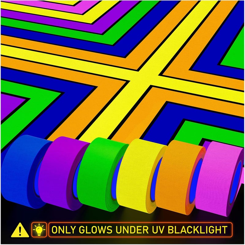 Dexam 6-Pack Neon Gaffer Tape - 0.6 or 1 inch UV Blacklight Reactive Glow in The Dark Tape, Best for Parties, Dance Floors, Theaters & DIY Projects - 6 Vibrant Colors - Image 1